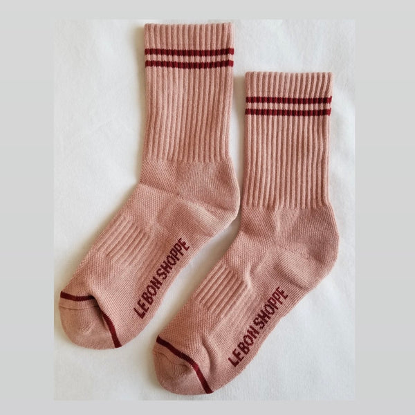 Le Bon Shoppe Boyfriend Socks Tube Socks in Vintage Pink with Red Stripes at Golden Rule Gallery