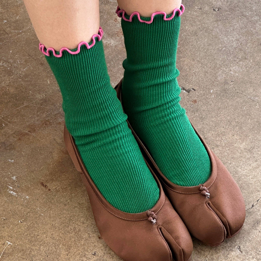 Le Bon Shoppe Green Socks with Pink Ruffles