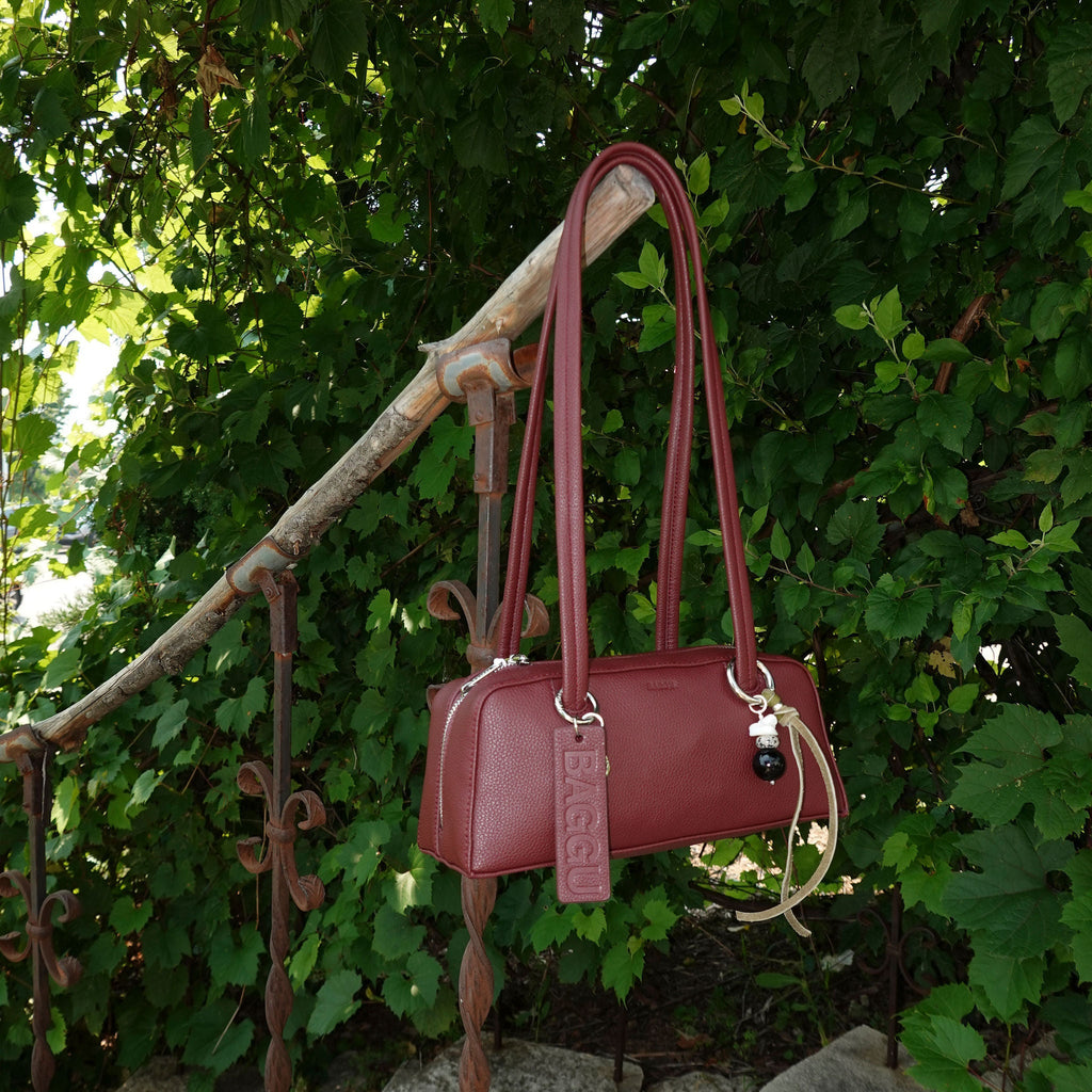 Mahogany Brown Recycled Leather Small Bowler Bag with Long Straps Hand Bag by Baggu at Golden Rule Gallery in Excelsior