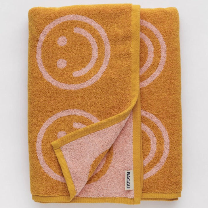 Marigold Peach Happy Bath Towel by Baggu Organic Terrycloth at Golden Rule Gallery