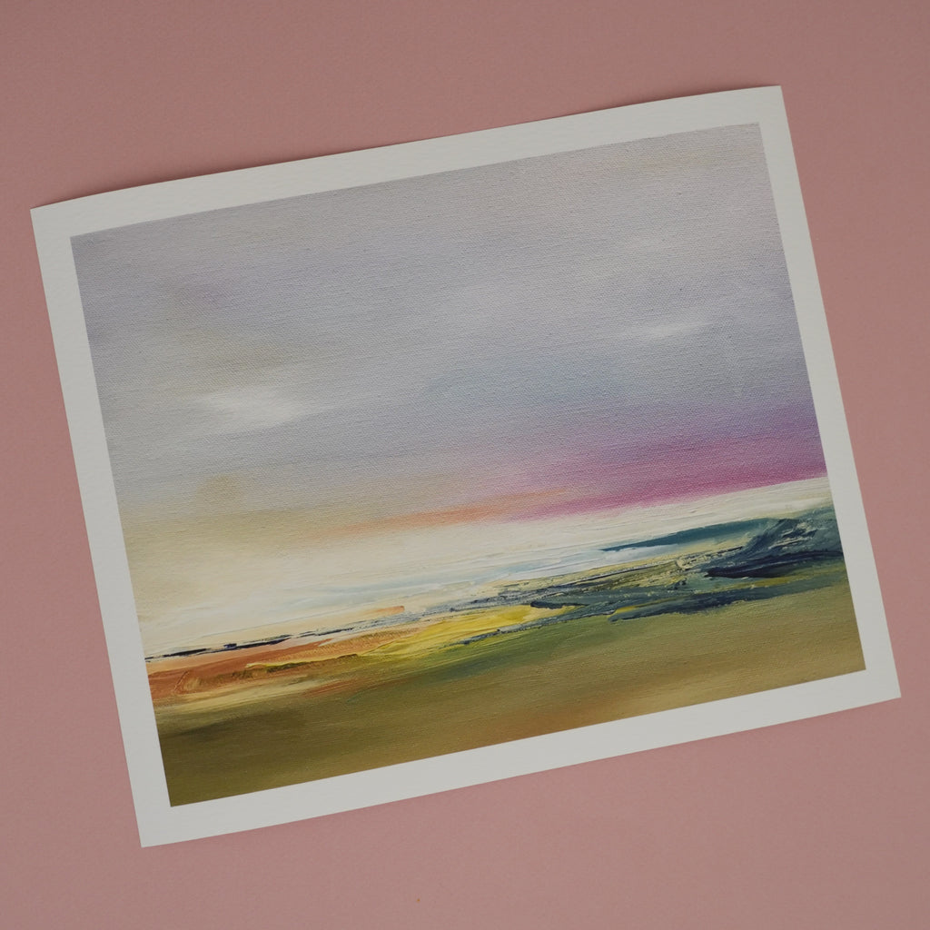 Artistic depiction of a landscape with a pink sky on a pink background