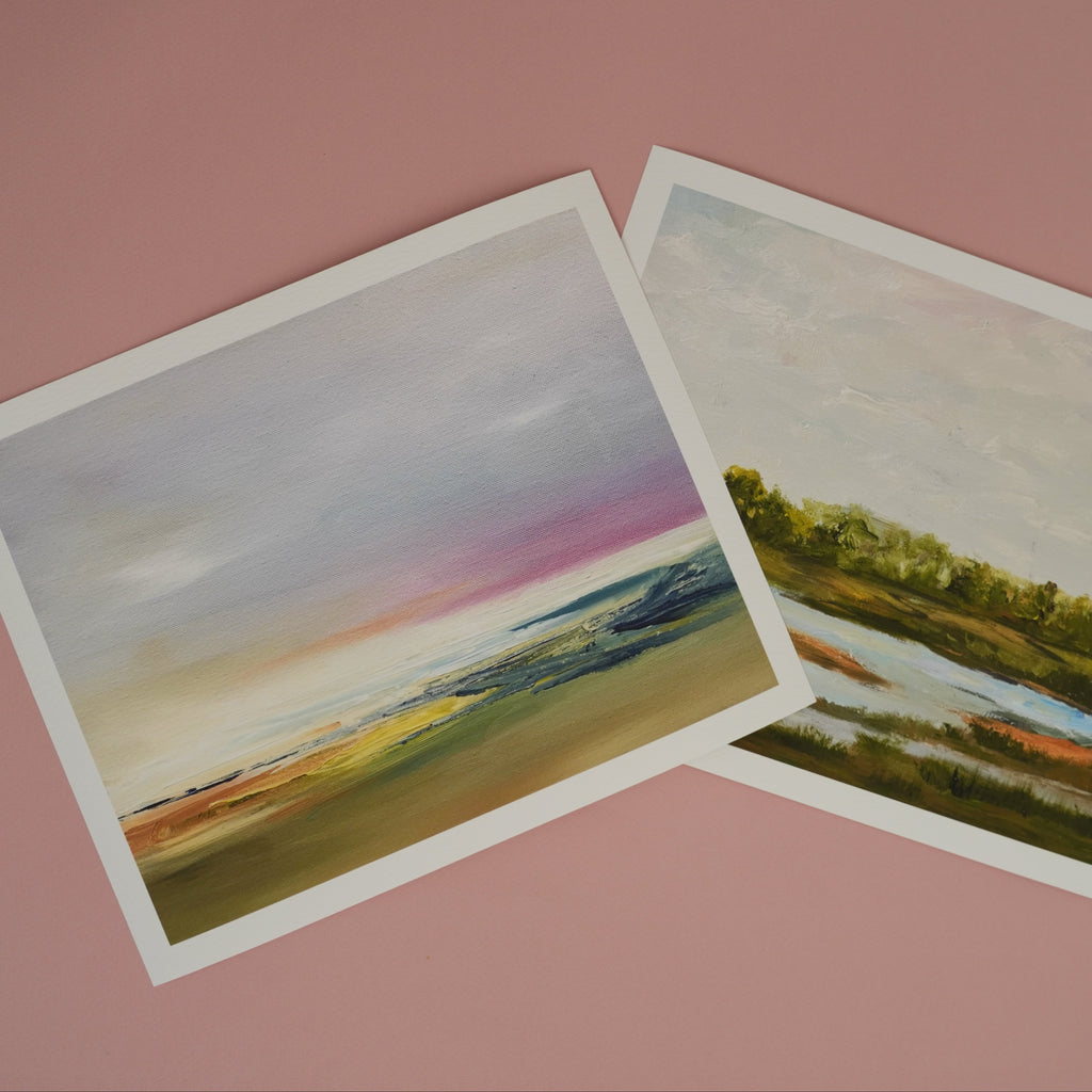 Two oil paintings of landscapes on a pink background