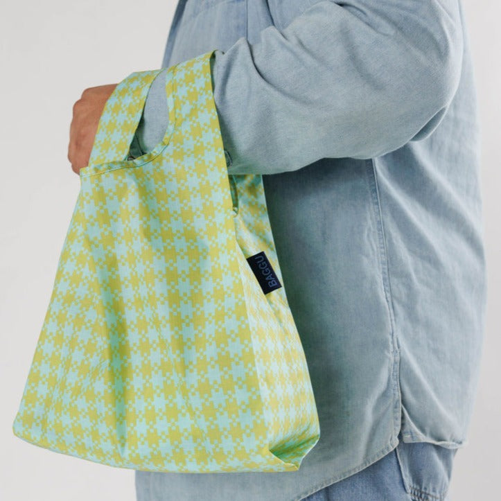 Model Holding Mint Pixel Small Baggu Reusable Tote Bag at Golden Rule Gallery