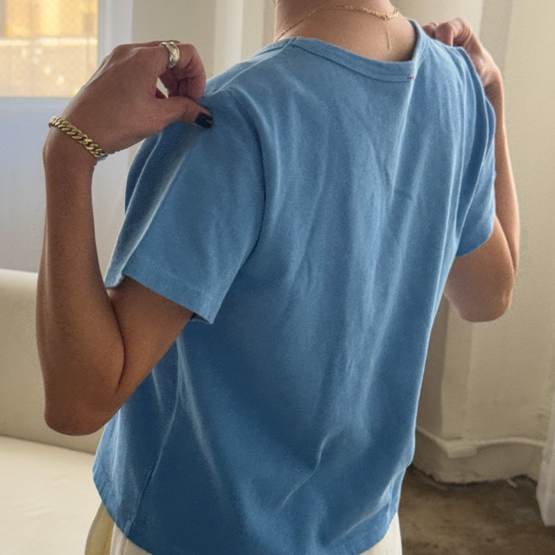 Model Styled in Le Bon Shoppe's Little Boy Tee in Yacht Blue at Golden Rule Gallery