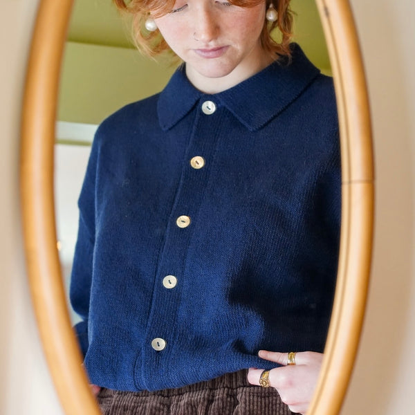 Model in Navy Le Bon Shoppe Collared Cardigan