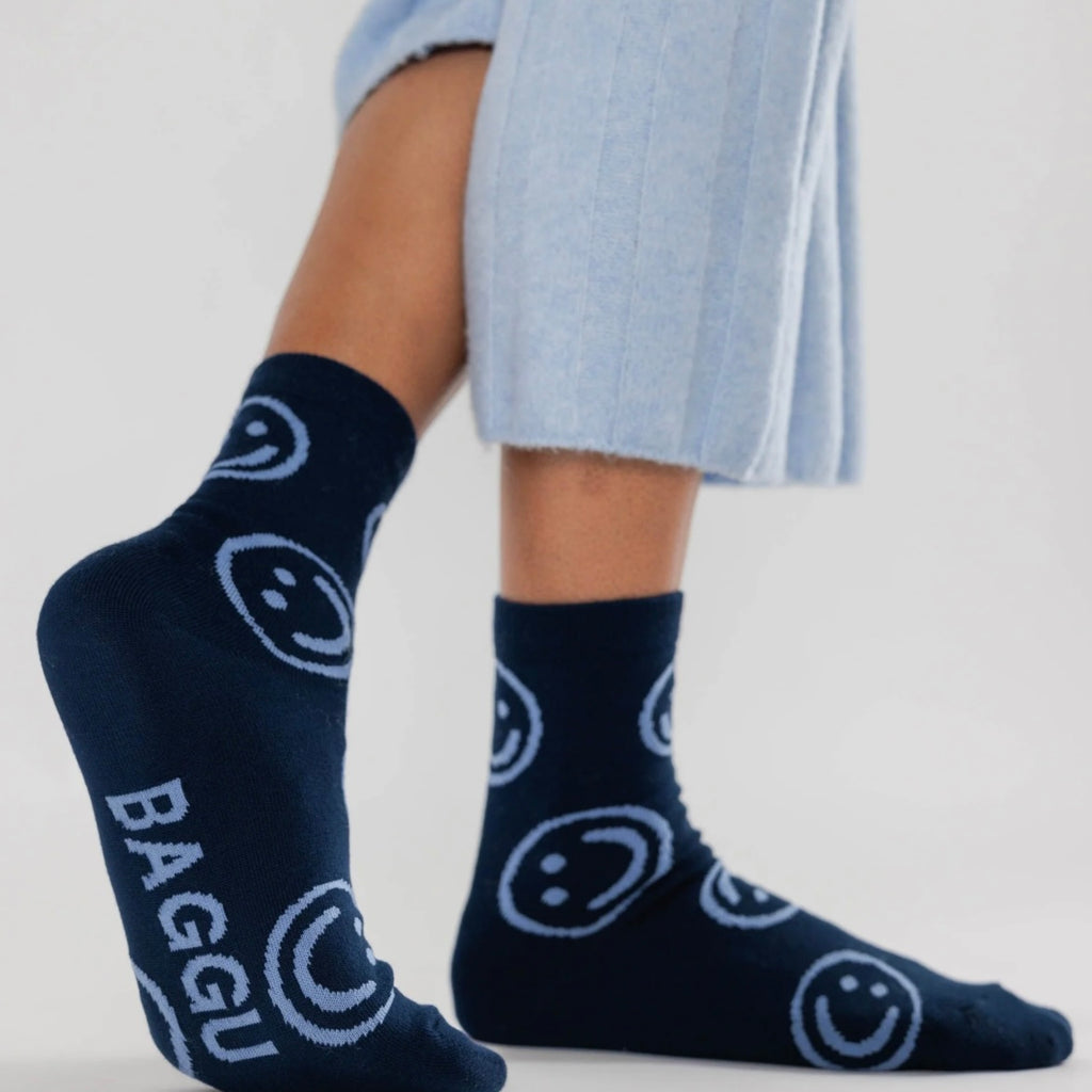 Navy Happy Smiley Face Baggu Socks