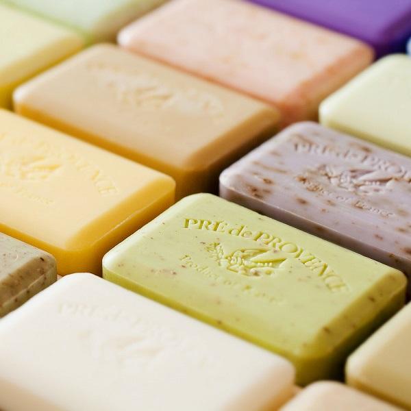 Close-up of various bars of soap with a Pre De Provence embossed.