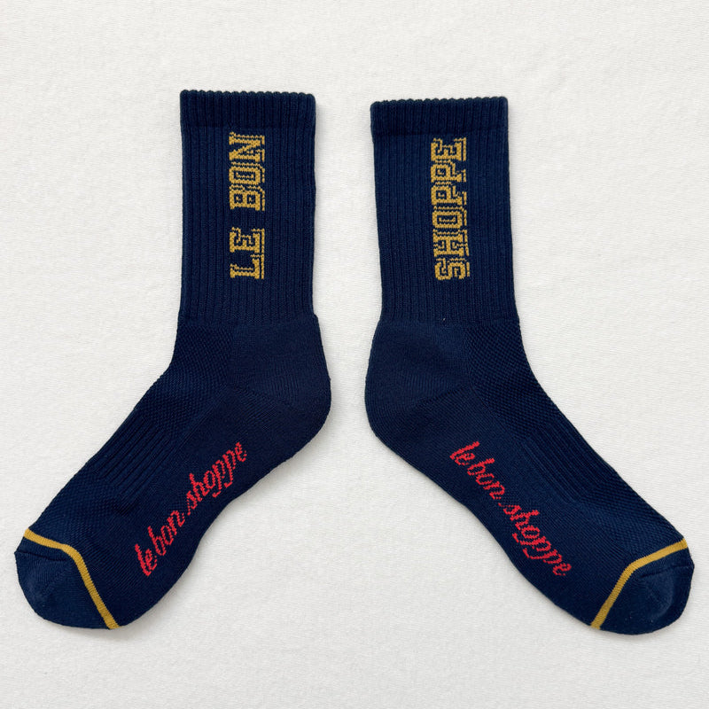 Navy and Gold Preppy Socks Branded with Le Bon Shoppe at Golden Rule Gallery
