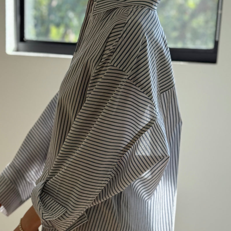 Close Up of Relaxed Owen Oxford Shirt in Blue Stripes