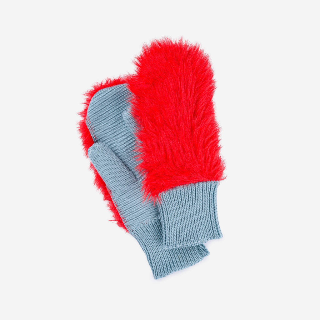 Pair of Blue and Red Furry Mittens