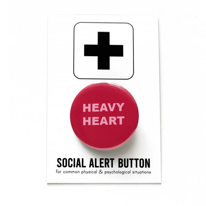 Pink "Heavy Heart" Pinback Social Alert Button by Word for Word at Golden Rule Gallery