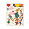 Birthday card with illustrated bunnies and balloons on a white background