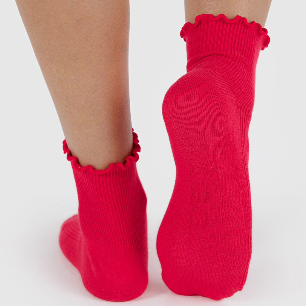 Red Baggu Lettuce Edge Ruffle Socks in Candy Apple at Golden Rule Gallery