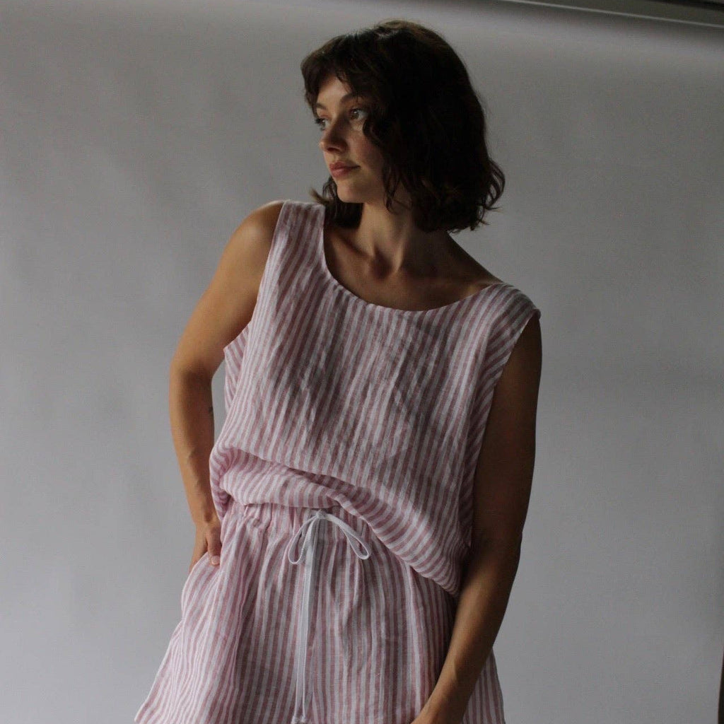Linen Red Stripe Sleeveless Shirt at Golden Rule Gallery