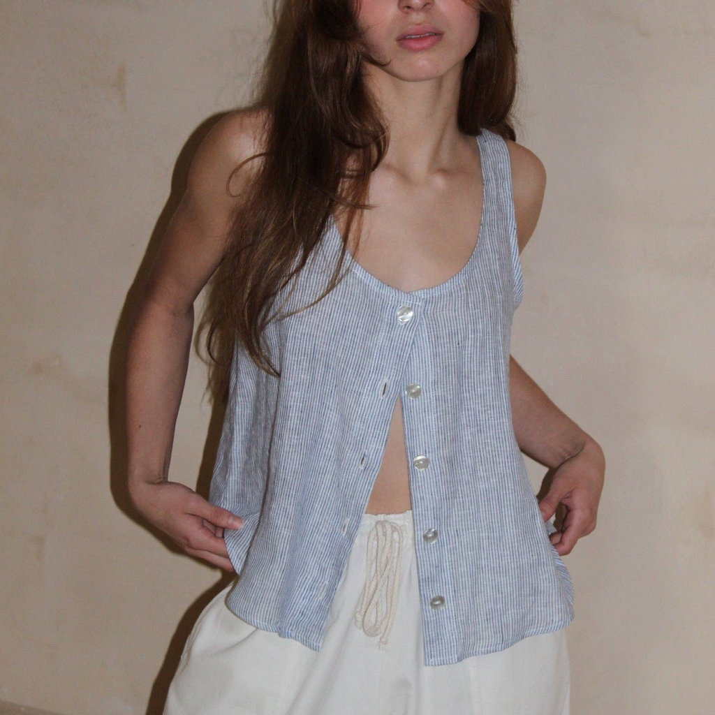 Breezy Blue Indigo Stripe Tank with Shell Buttons at Golden Rule Gallery