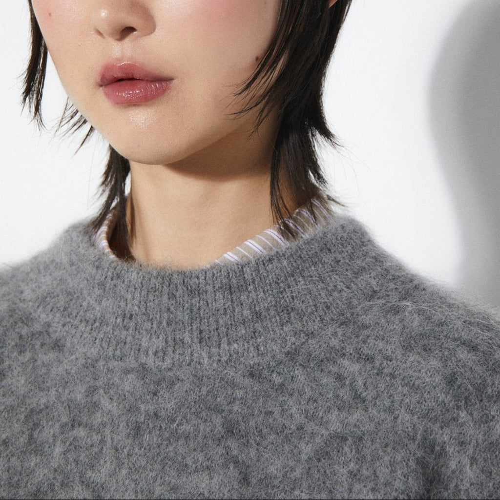 Soft Crew Neck Fuzzy Grey Sweater