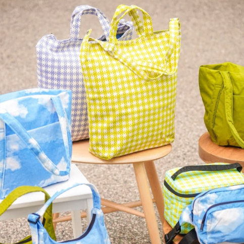 Pixel Patterned Baggu Bags Propped on Stools