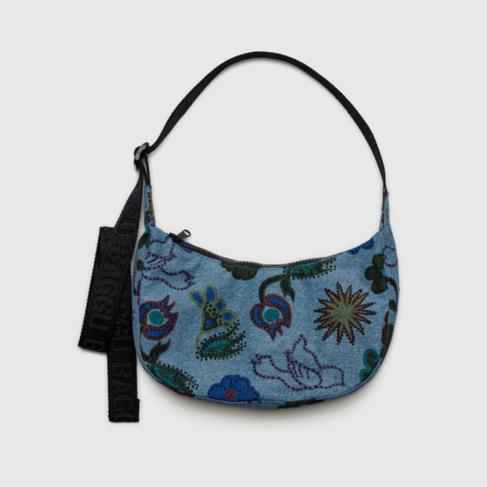 Baggu Small Nylon Crescent Bag in Digital Denim Birds