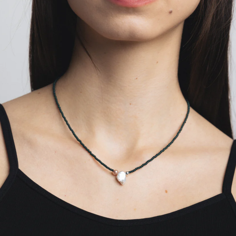 Wolf Circus Forest Green Beaded Necklace With Freshwater Pearls and a Sterling Silver Bead