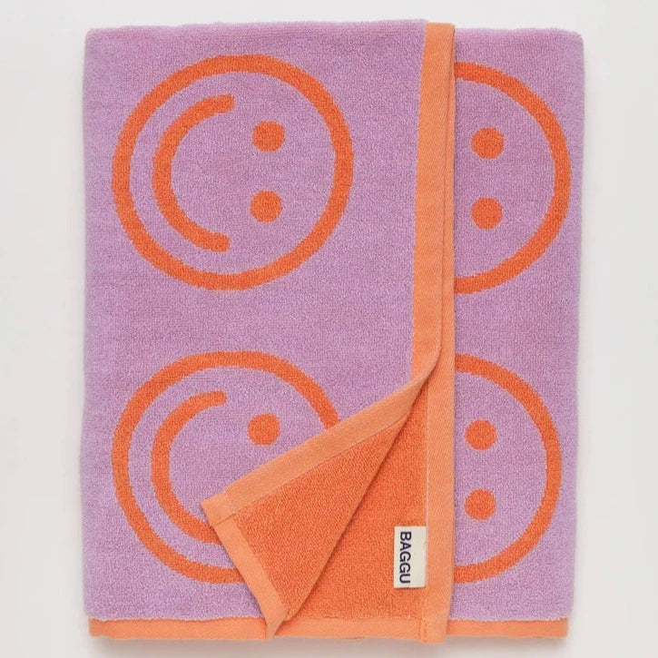 Smiley Face Lilac Baggu Bath Towel Organic Terrycloth at Golden Rule Gallery