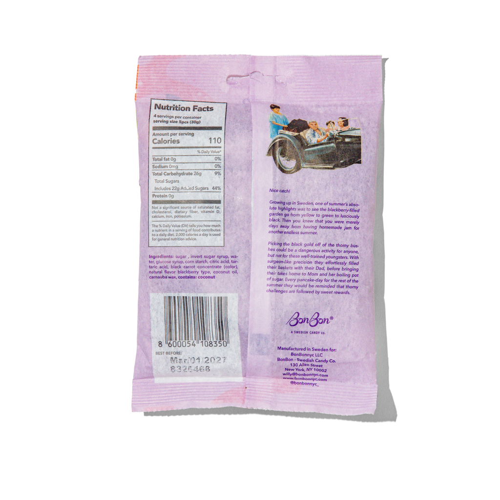 Back view of BonBon Fish Candy package with text and bar code on a white background