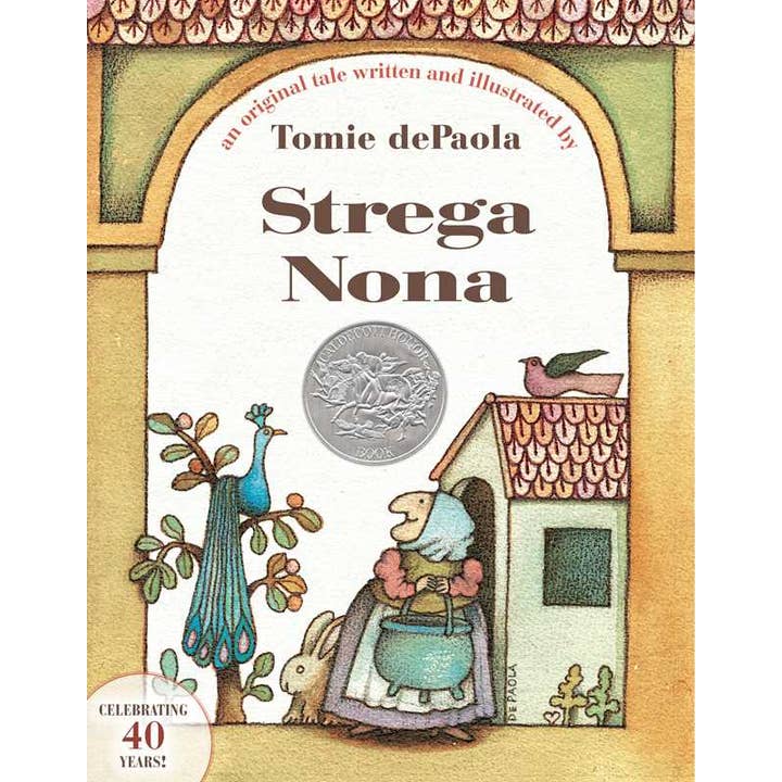 Book cover of 'Strega Nona' by Tomie dePaola with illustration of a woman and house.