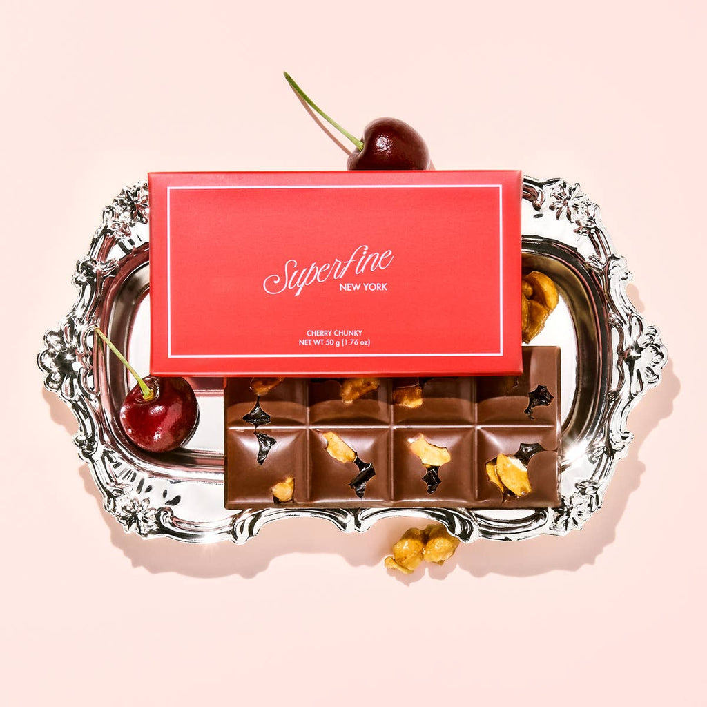 Cherry Chunky Superfine Chocolate Bar on Dish with Cherries