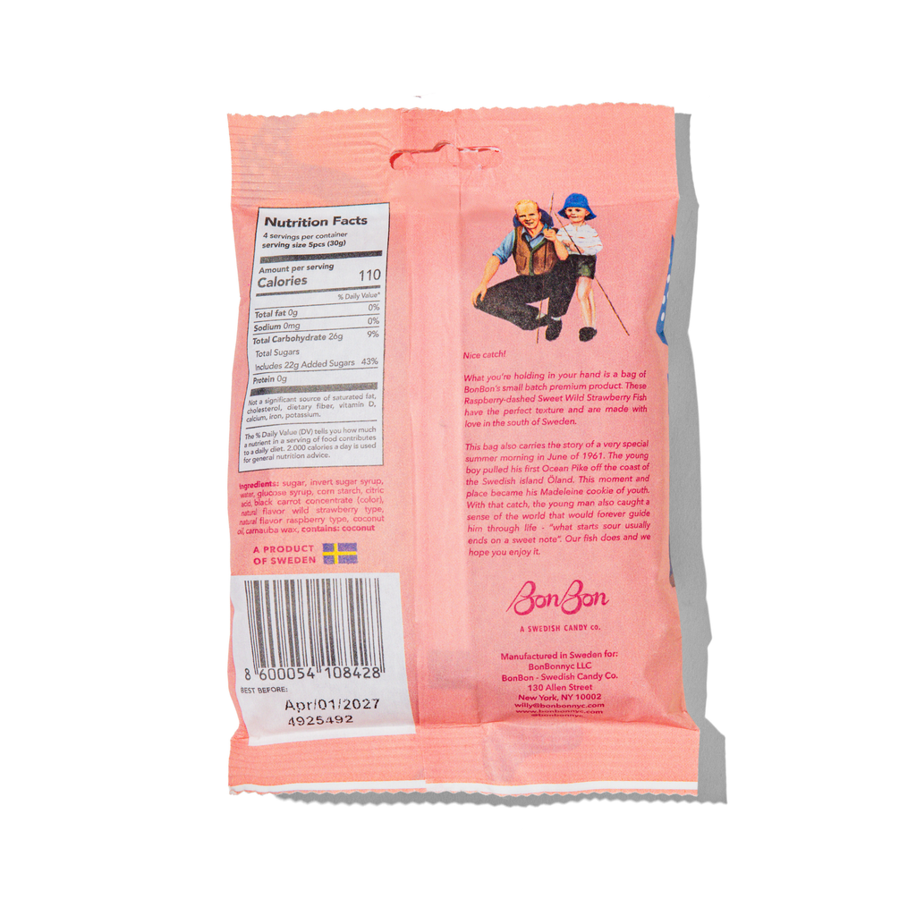 Back of Swedish Strawberry Fish Candy Bag