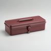 Burgundy toolbox with a handle on a light gray background