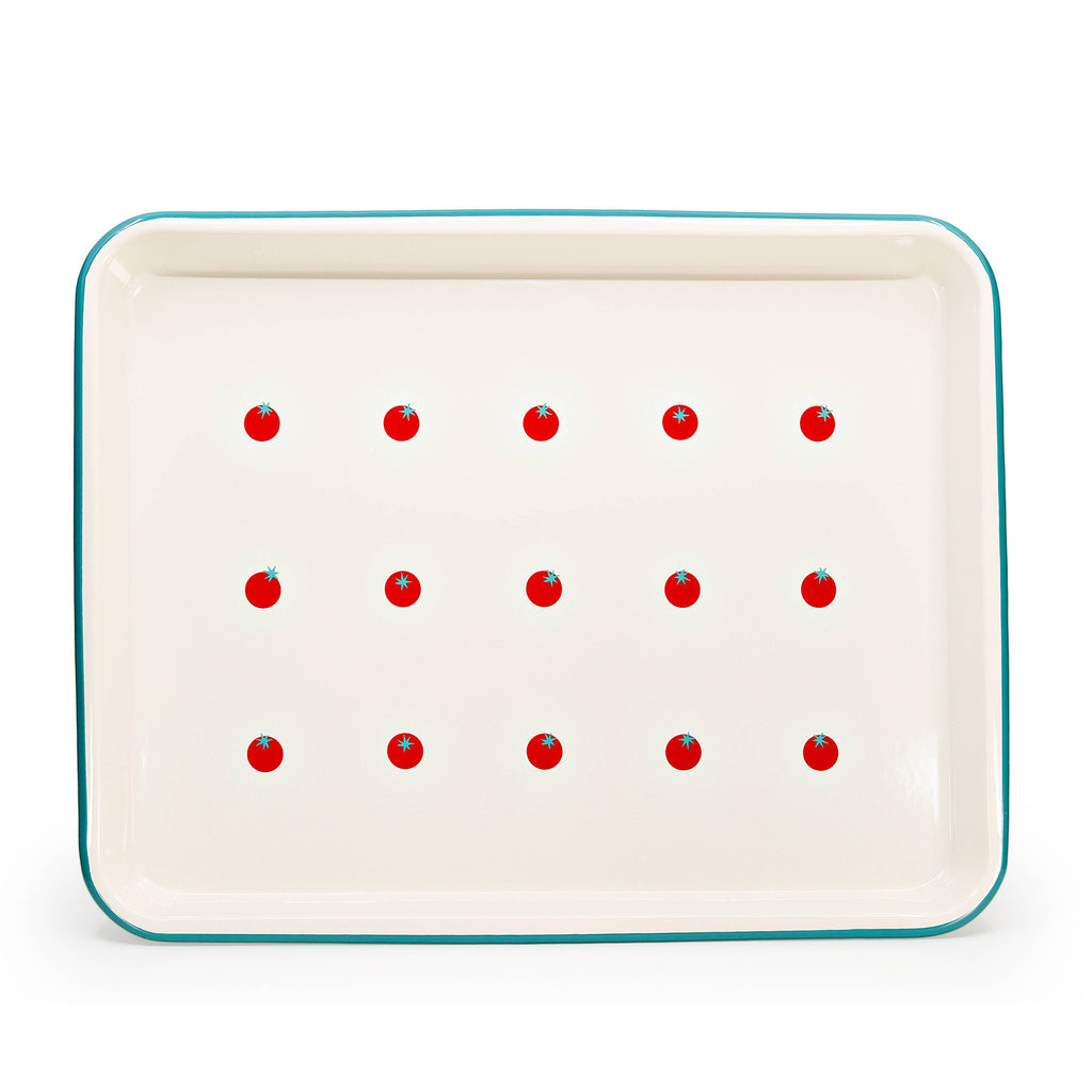Tomato Art Enamelware Tray Blue Rim at Golden Rule Gallery