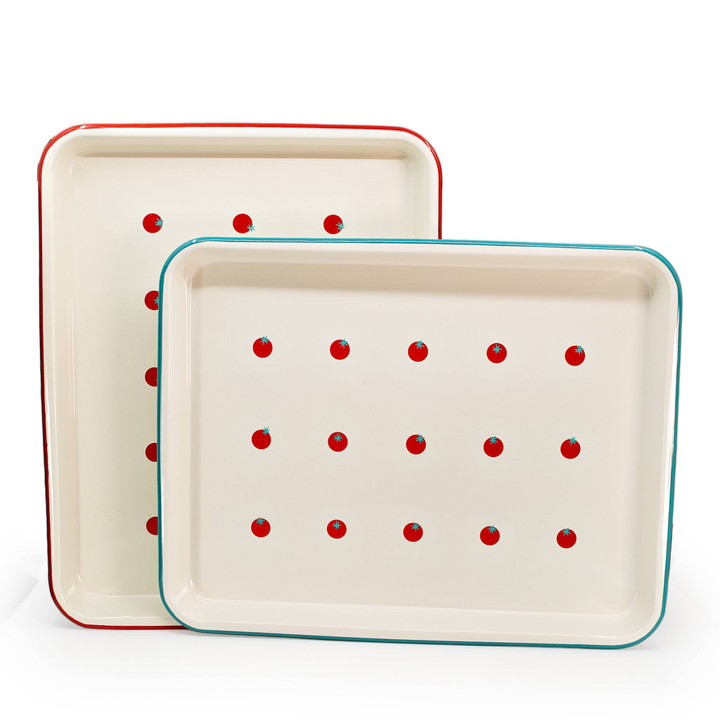 Tomato Art Enamelware Tray Blue and Red Rim at Golden Rule Gallery
