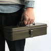 Person holding a green metal toolbox against a plain background