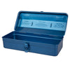 Blue metal tool box with visible branding on a white background