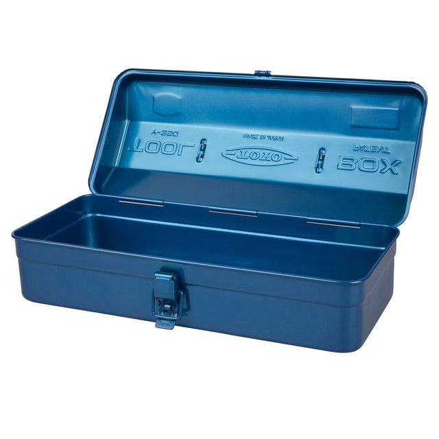 Blue metal tool box with visible branding on a white background