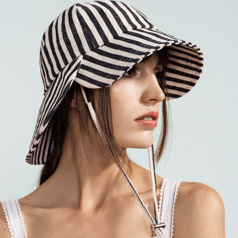 Close Up of Model in Striped Bucket Hat by Hansel from Basel