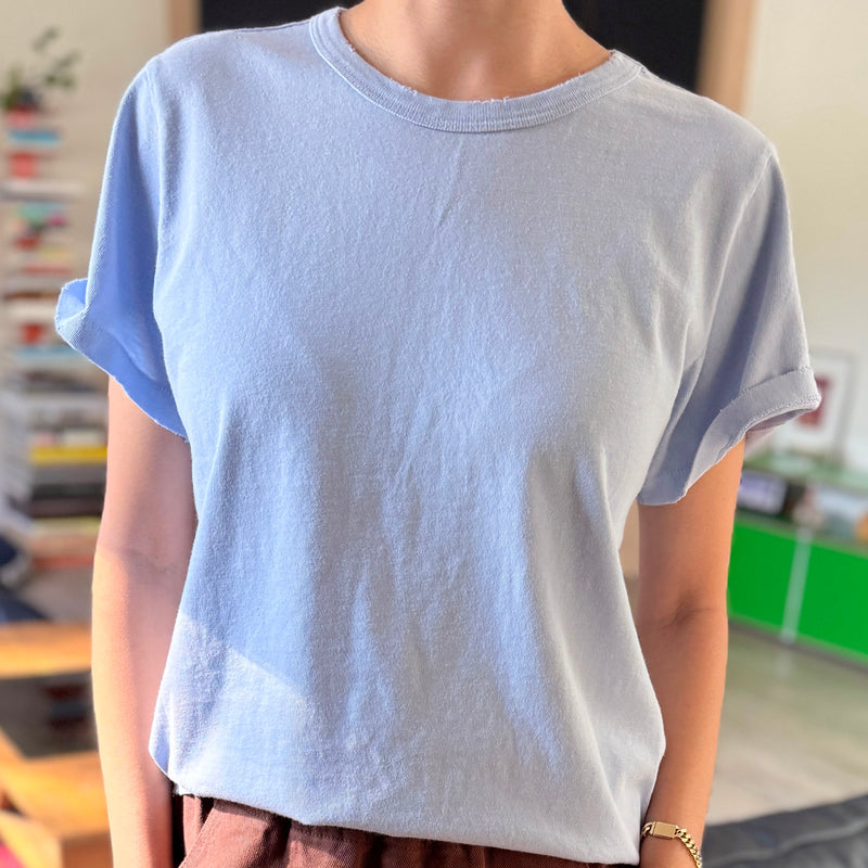 Model in Vintage Boy Tee in Serenity Blue