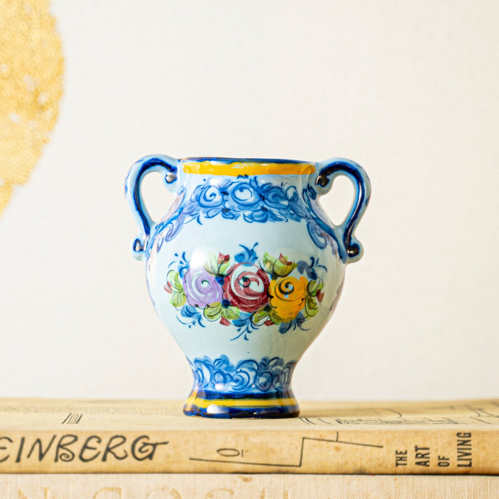 Vintage hand painted floral ceramic vase with handles