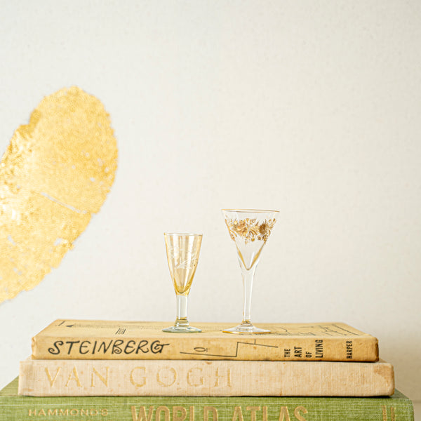 Vintage Gold Detailed Cordial Glasses Styled on Art Books