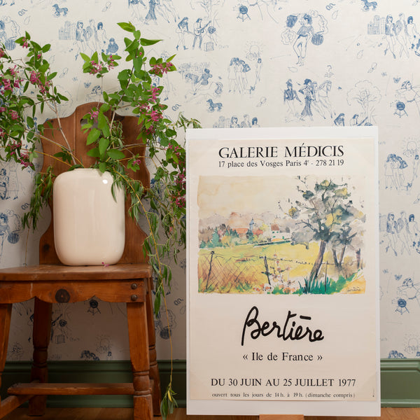 Vintage 1977 Bertiére Galerie Médicis French Exhibition Poster Featuring A Pastoral Landscape