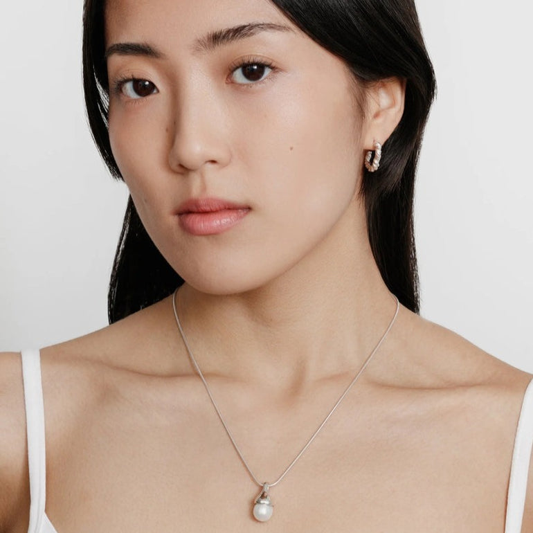 Model Styled with Dainty Silver Pearl Candice Necklace