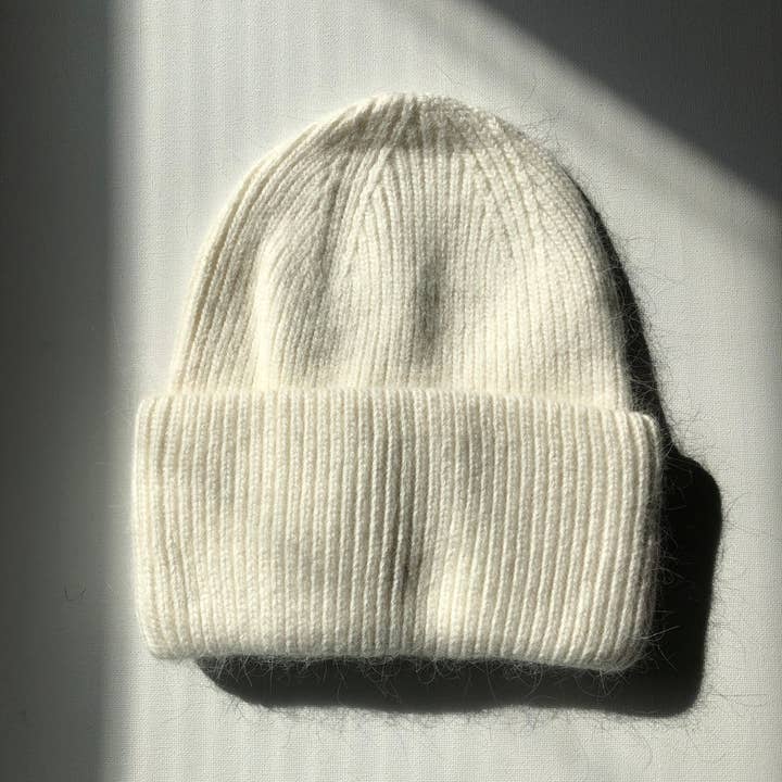 White Thick Ribbed Angora Wool Beanie