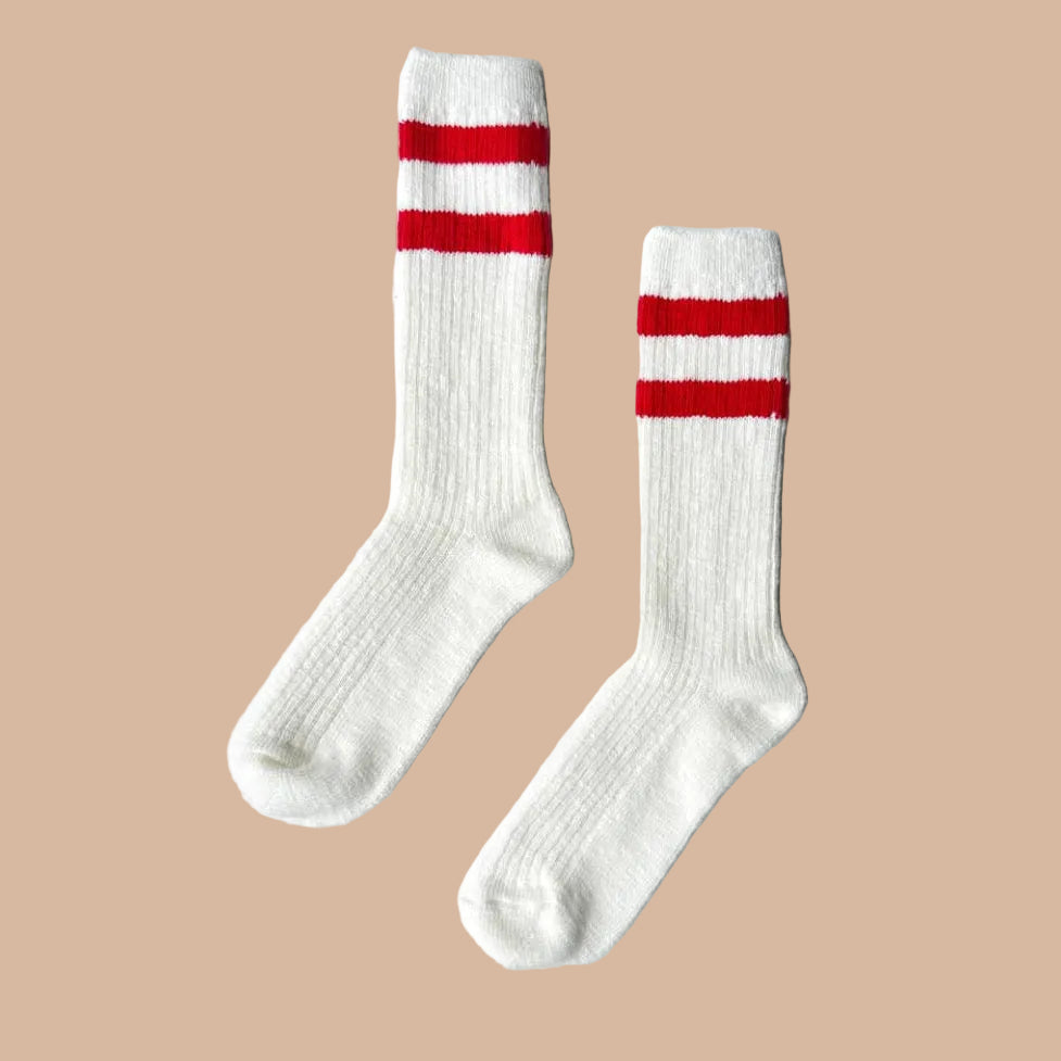 White Cottage Socks with Red Varsity Stripes