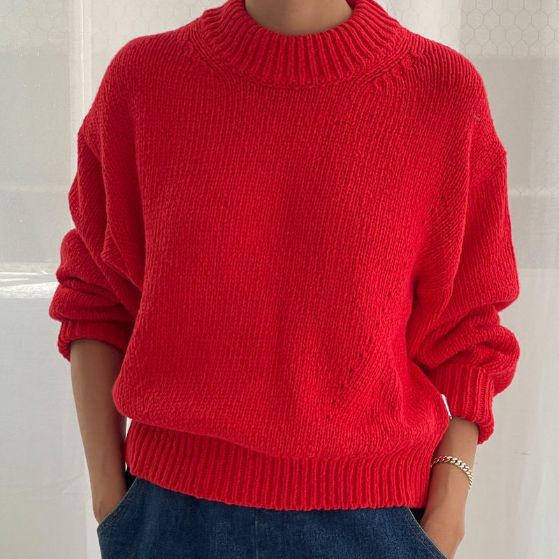 Chili Red Knit Cotton Crewneck Sweater