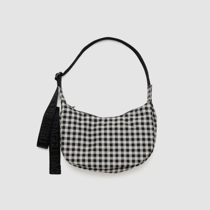 Black and White Gingham Small Crescent Bag