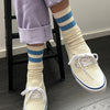 Cream Ribbed Ankle Socks with Blue Stripes