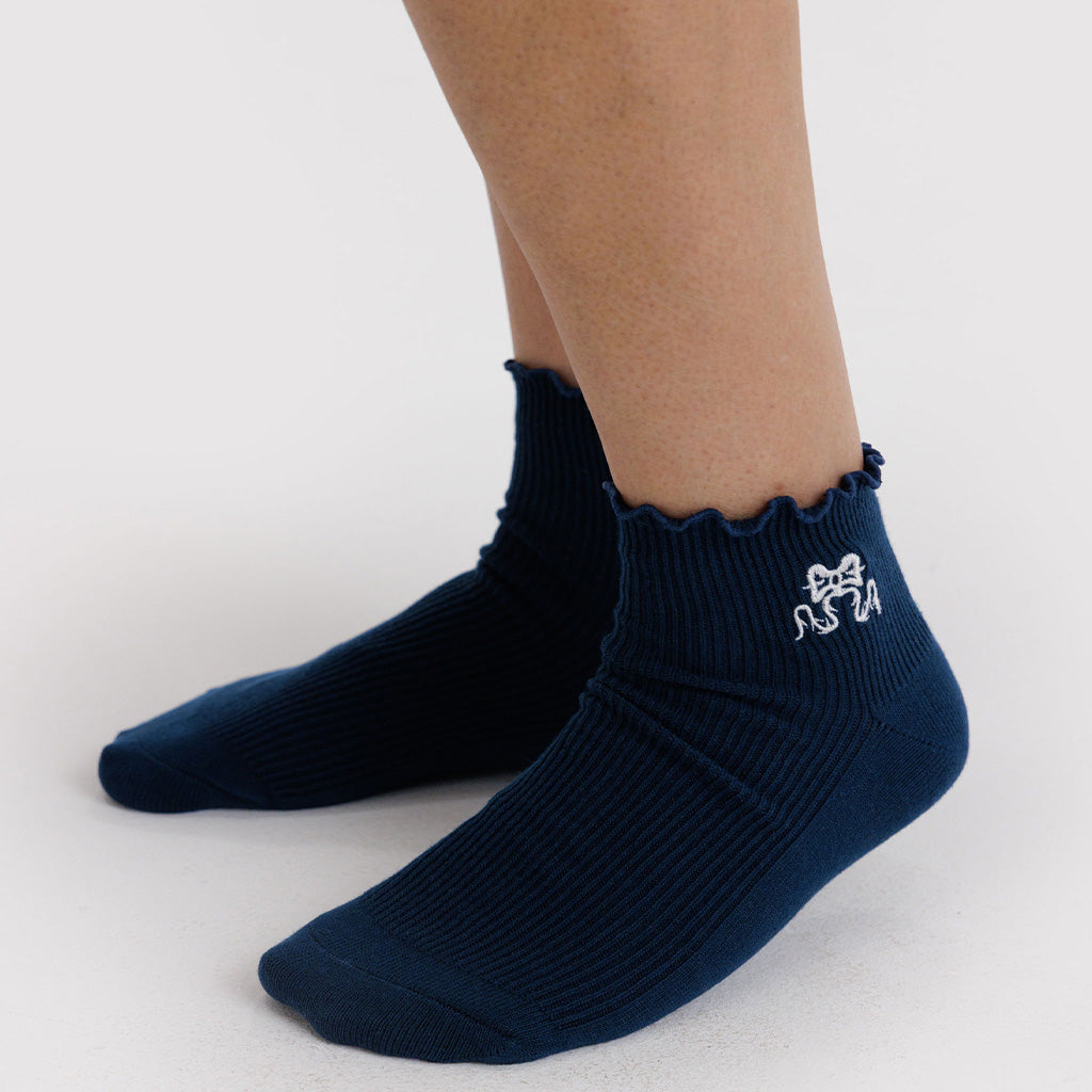 Navy Ruffle Socks with Embroidered Western Bow by Baggu