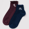 Two pairs of socks, one maroon and one navy, with decorative ruffles on a light gray background.