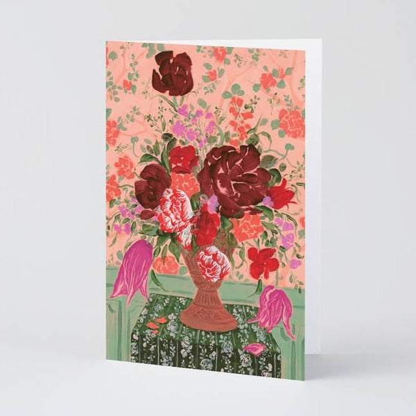Red Floral Bouquet in Vase Art Greeting Card