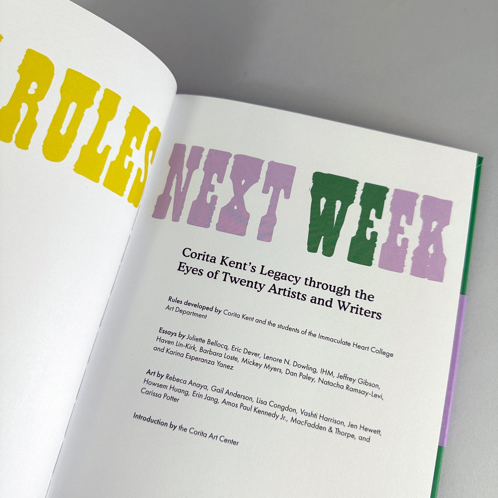 Open book with colorful text on a gray background