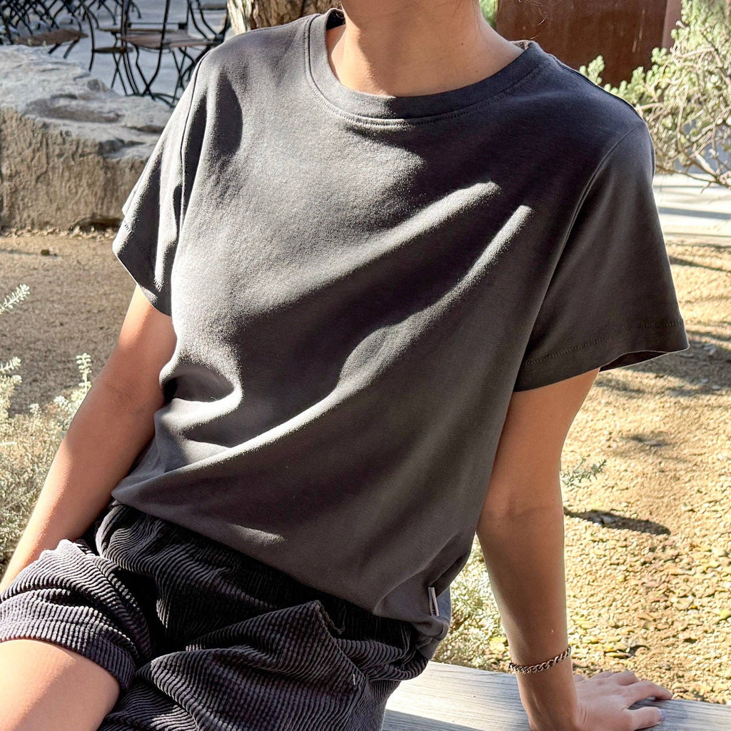 100% cotton dark grey boxy tee shirt on model